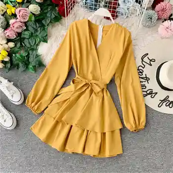 

2019 new Sweet Ruffled Women Playsuits Elastic High Waist Bow Female Jumpsuit Romper Butterfly Sleeve Short Overalls for Girls
