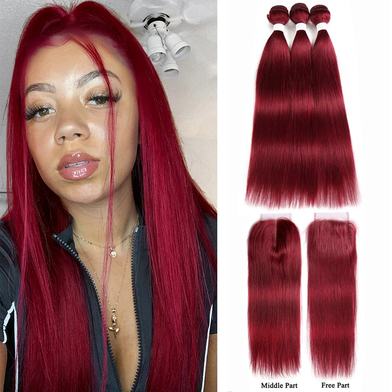 Feixes de Cabelo com Fechamento Brasileiro em Linha Pacotes com Fechamento Borgonha Reta Tecer Cabelo Humano 4x4 Não Remy 8-26 Polegada Kemy 99j - 9 Pacotes com 3/4 com fecho