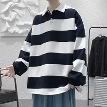 Polo con estampado a rayas para hombre, camiseta de manga larga de gran tamaño, Hip hop, ropa informal para amantes de la calle, otoño