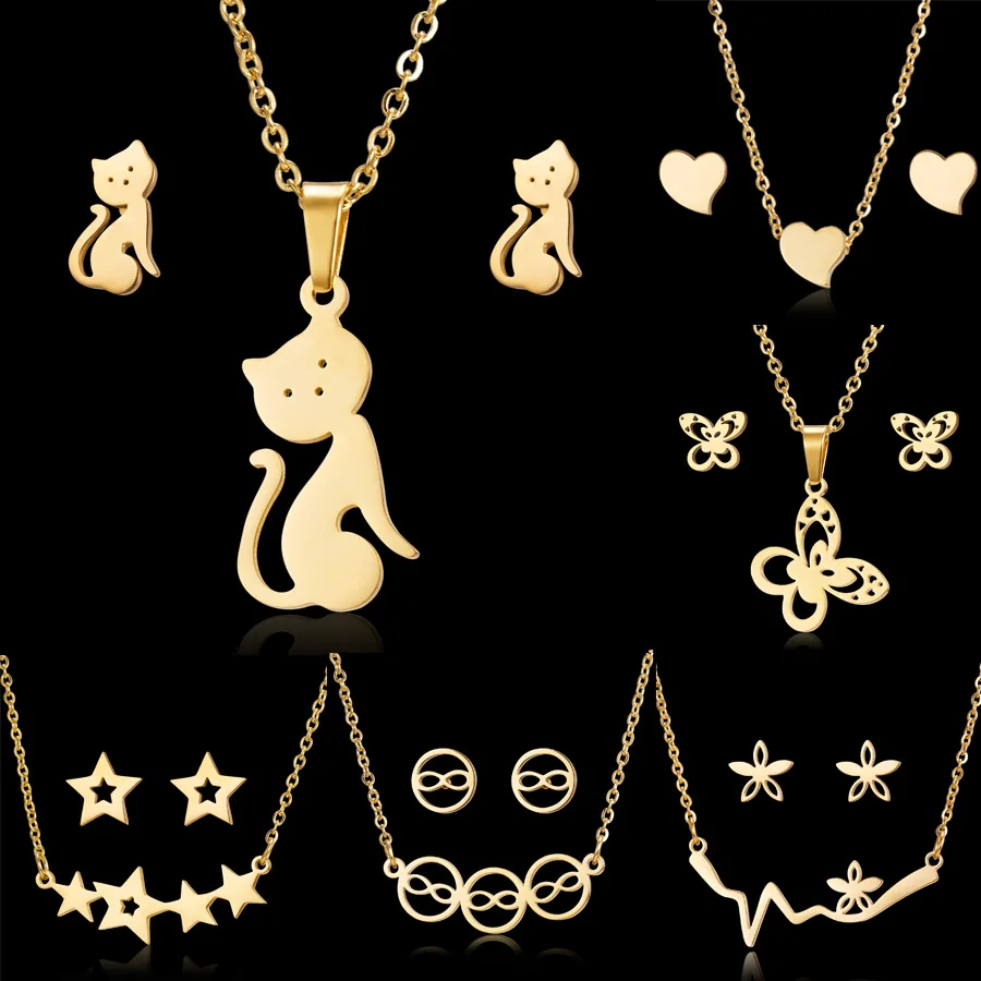 Rinhoo Classic Stainless Steel Pendant Necklace Earrings Sets Chain Jewelry Love Heart Butterfly Flower for Party Birthday Gifts jewelry sets jewelry set