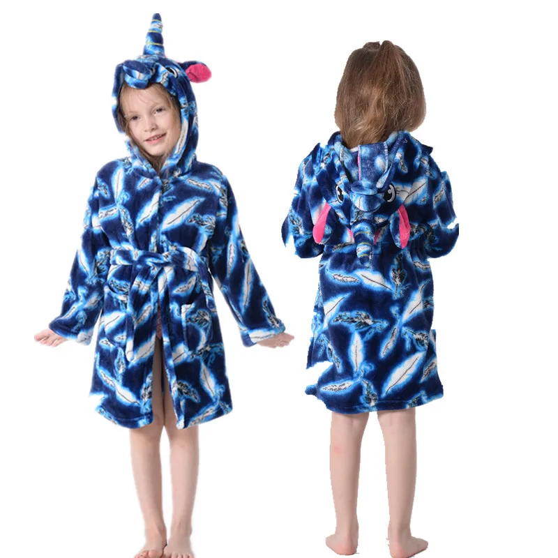 Kids Unicorn Bath Robes Winter Children's Bathrobe Kigurumi Animal Flannel Sleepwear For Big Boys Girls Pyjamas Nightgown - Color: feather