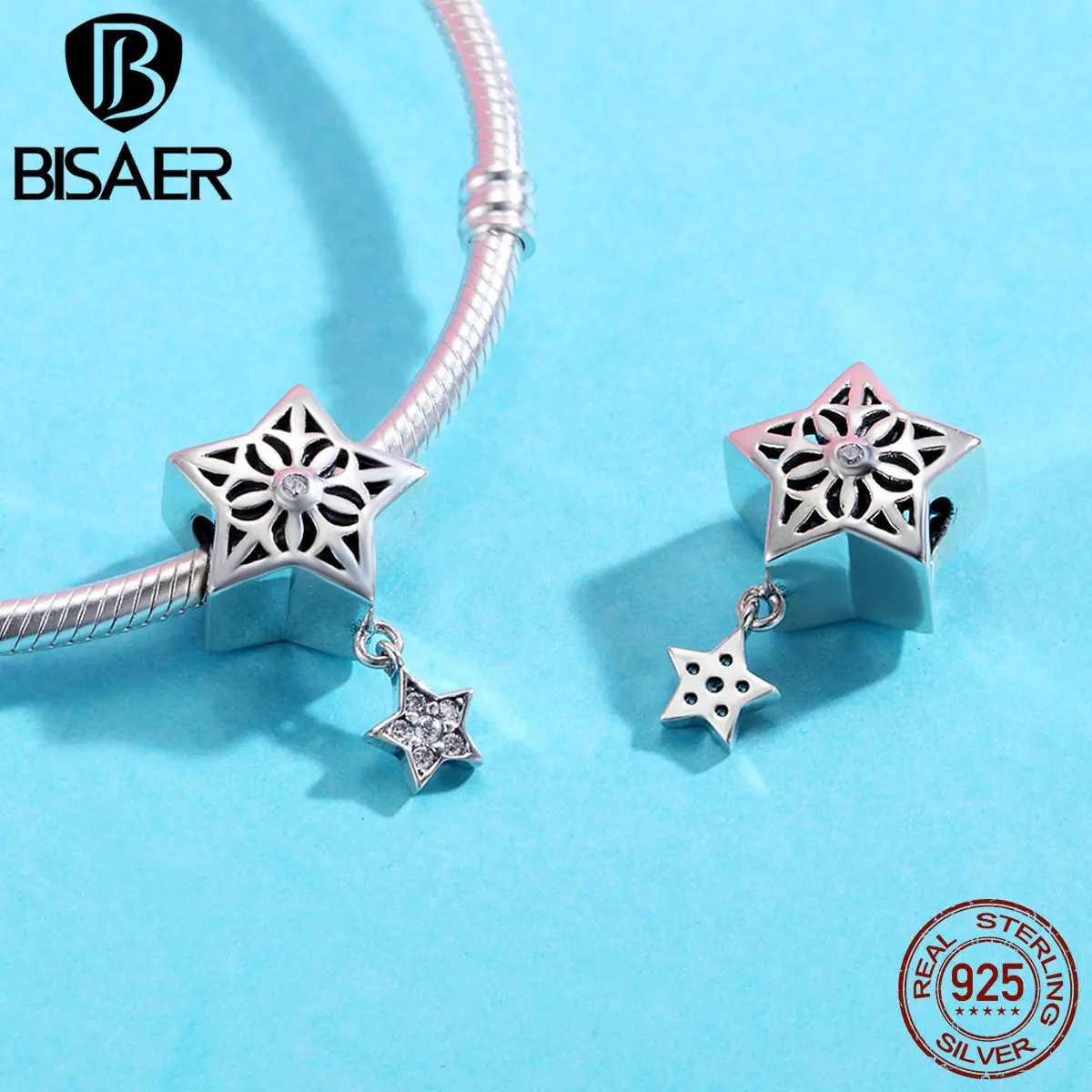 BISAER, 925 пробы, серебряный, Снежная земля, Сверкающая Звезда, Висячие Подвески, бусины, подходят к оригинальному пану, очаровательный браслет, сделай сам, ювелирное изделие GXC371