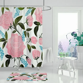 

Flower Bird Printing Simple Shower Curtain Waterproof Polyester Fabric Leaves Plant Shower Curtain Bathroom With