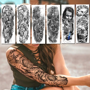 

Black Full Arm Fake Knight Wolf Temporary Tattoo Sticker Long Large Gods Warrior Ship Tatoo For Men Women Body Art Tattoos Paper