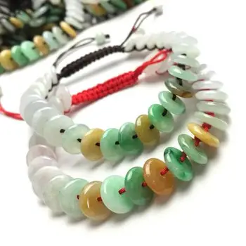 

Donut Bracelet Natural Burma jadeite Green Grade A jade strand Jewelry Gift Hand weaving rope knit red braided rope