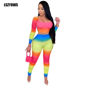 

Tie Dye Print 2 Piece Women Set 2020 Long Sleeve Crop Tops and Pencil Pants Ruched Two Piece Set Fitness Tracksuit Casual Outfit