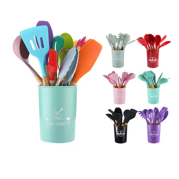 

Colorful Silicone Kitchenware Set Non-Stick Pan Cooking Spatula Spoon Wooden Handle Kitchen Accessories Cooking Tools 7 Color