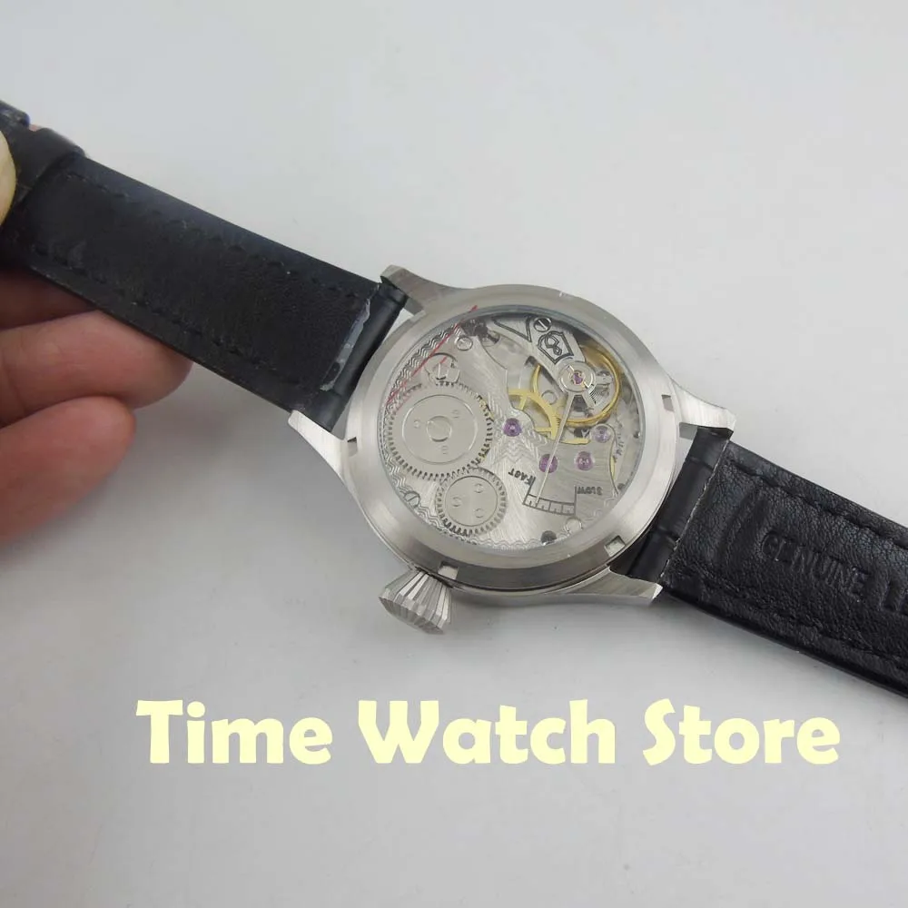 

43mm 17 jewels 6498 hand wind men's watch brushed case sapphire glass silver black dial waterproof leather strap 2