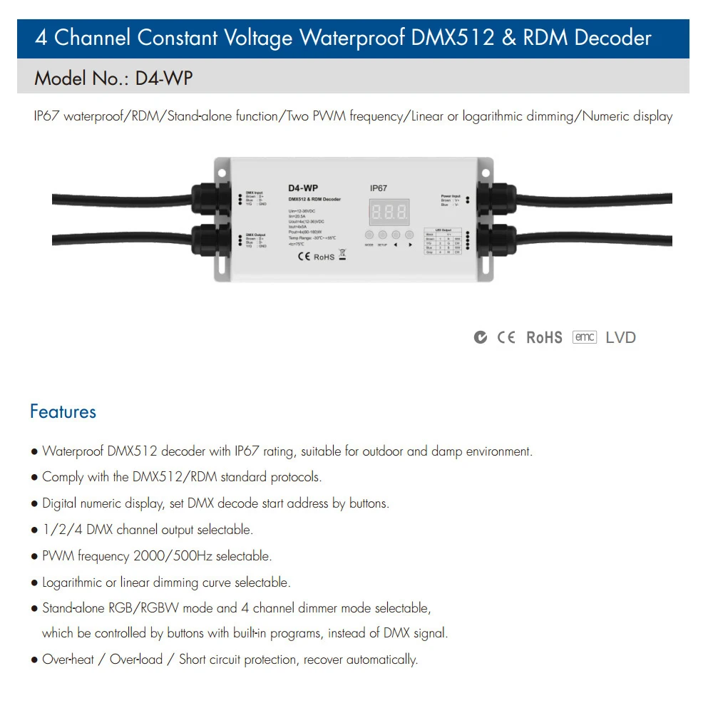 DMX 512 RDM декодер 12 В 24 в 36 В постоянного тока постоянное напряжение водонепроницаемый IP67 цифровой индикатор DMX 4 канала RGBW контроллер D4-WP