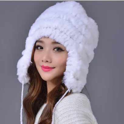 Outwear Winter Thick Furry Knitted Rex Rabbit Fur Hats Office Women Bomber Hats Casual Luxury Faux Fur Female Hats V658