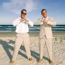 Летние пляжные льняные мужские свадебные костюмы цвета слоновой кости, костюмы для жених, облегающие повседневные смокинги, Лучший человек(куртка+ штаны