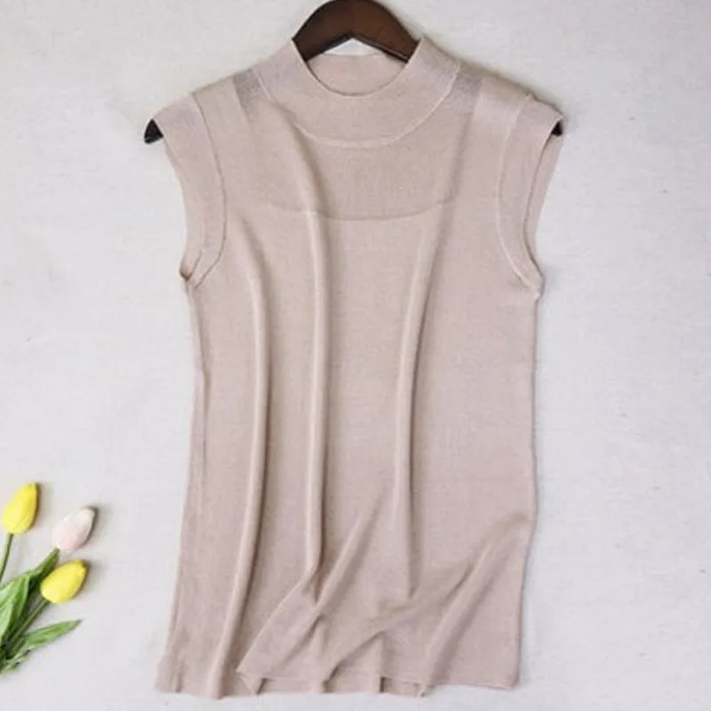 Sexy Women Ice Silk Knitted Vest Solid Color Sleeveless Tops Summer Camisole Suspenders Hollow Out Tops - Цвет: Khaki