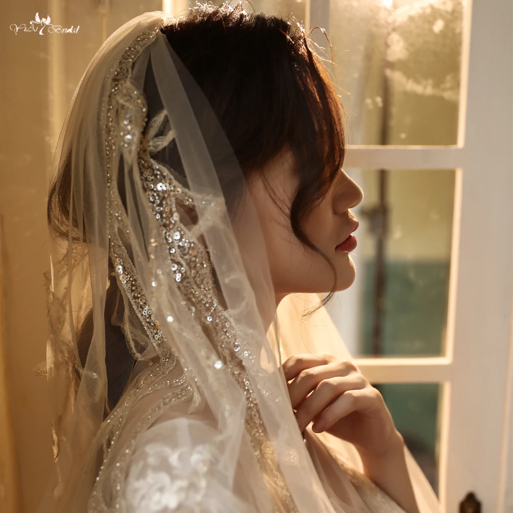 LZP545 Luxury Handmade Full Beads Wedding Veil With Sequined Lace Long Bridal Veil