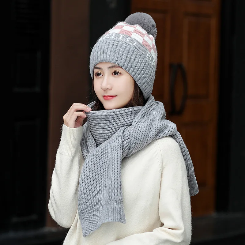 gray set Комплект из 2 предметов, женские зимние шапки, шарф, хлопок, плюс бархат, шапочки, шапки для девочек, шапка и шарф, набор, помпоны, шапки, вязанный длинный шарф - Цвет: gray set