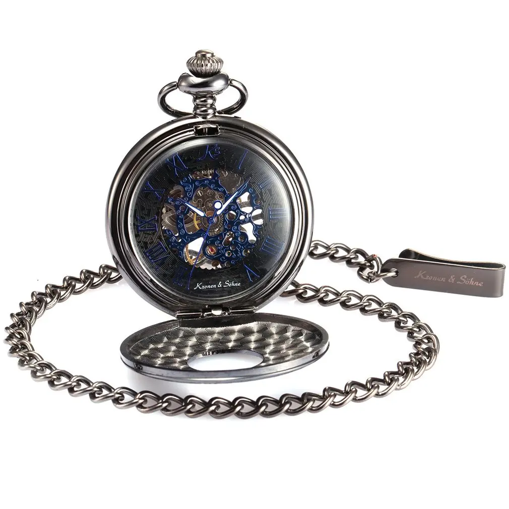 

KS Vintage Skeleton Roman Numbers Mechanical Golden Hunter Mechanical Hand Winding Steampunk Fob Chain Men Pocket Watch /KSP031
