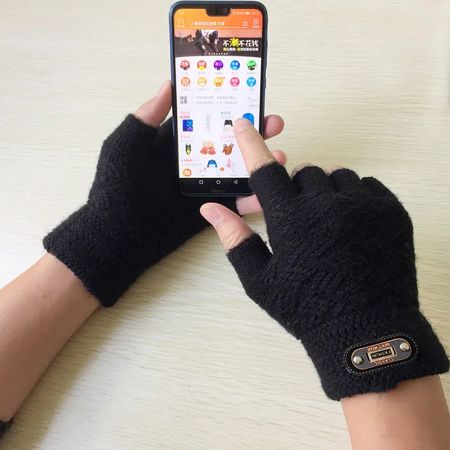 best mens gloves Fashion Men Full Finger Touch Screen Gloves Winter warm Acrylic Wool Plus Plush Thick Jacquard Knit Warm Half Finger Mittens C2 leather ski gloves Gloves & Mittens