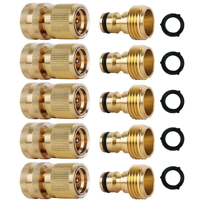 

Garden Hose Quick Connectors Solid Brass 3/4 Inch GHT Thread Easy Connect Fittings No-Leak Water Hose Male Female Value 5 Pack