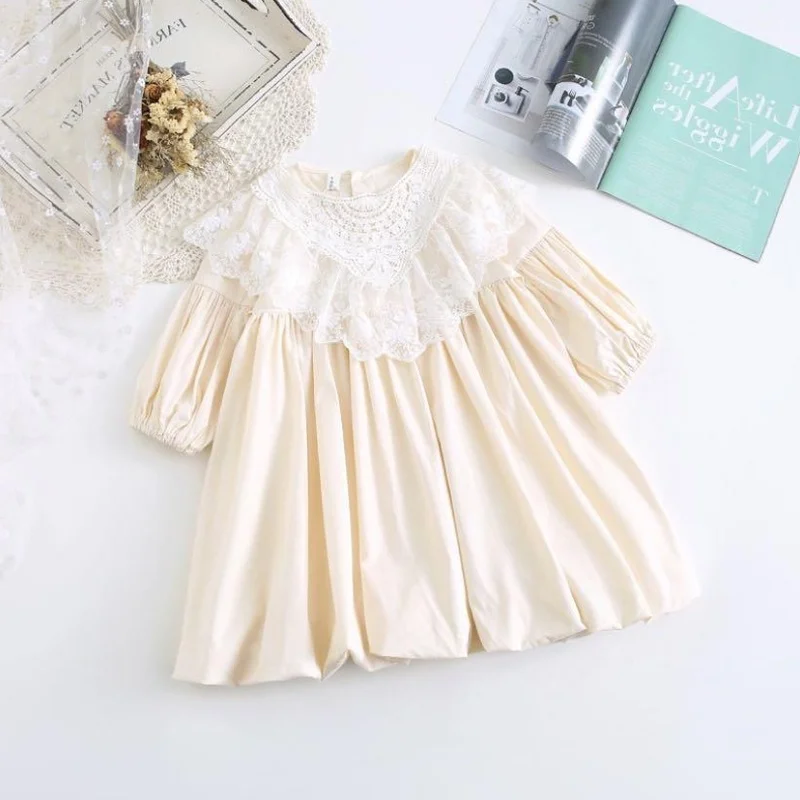 Cute Korean Kids Dresses for Girls Flower Embroidery Detachable Lace Collar Long Sleeve Princess Dress Vestidos Party Costume | Детская