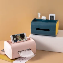 

Multi Color Contrast Desktop Double Layer Partition Storage Paper Towel Box With Mobile Phone Holder Home Decoration