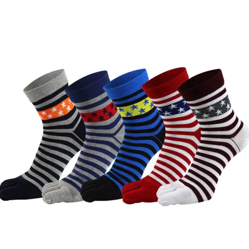 Men Colorful Stripe Socks Fashion Cotton Five Fingers Toe Deodorant Business Casual Europe Funny Socks