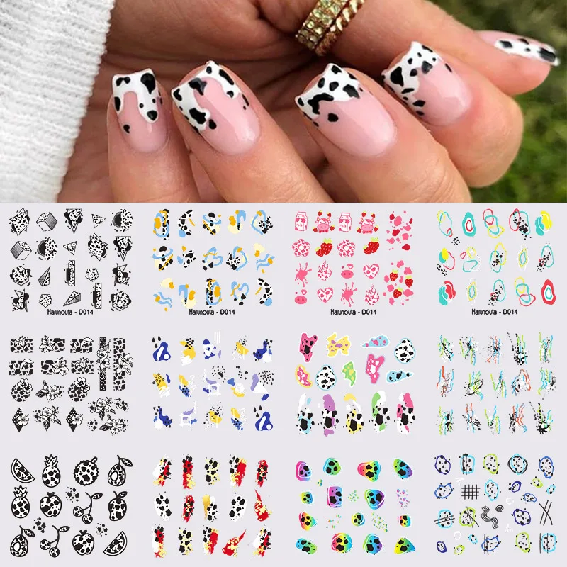 12 Styles Cute Milk Cow Nail Water Decals Sweet Love Heart Flowers Transfer Sliders for Nails Leaves Stickers Manicures | Красота и
