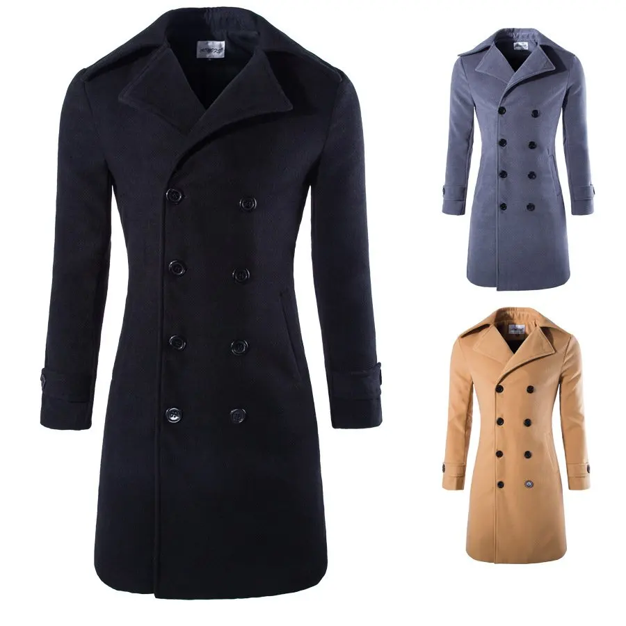 Mens Long Coat Slim Fit Double Breasted Trench Coat Woolen Blend Business Casual