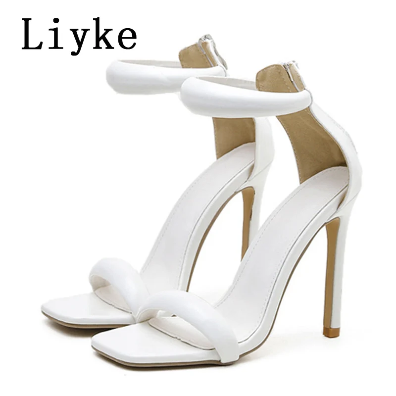 Liyke Gladiator High Heels Sexy Gold Sandals Fashion Square Toe Ankle Cover Strap Stiletto Stripper Women Shoes Pumps