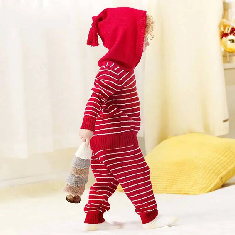 New Baby Girl Autumn Knitted Set Toddler Boy Striped Hooded Sweater+Elastic Waist Pants Warm Sport Suit 12M-3Y Kids Clothes Sets (2)