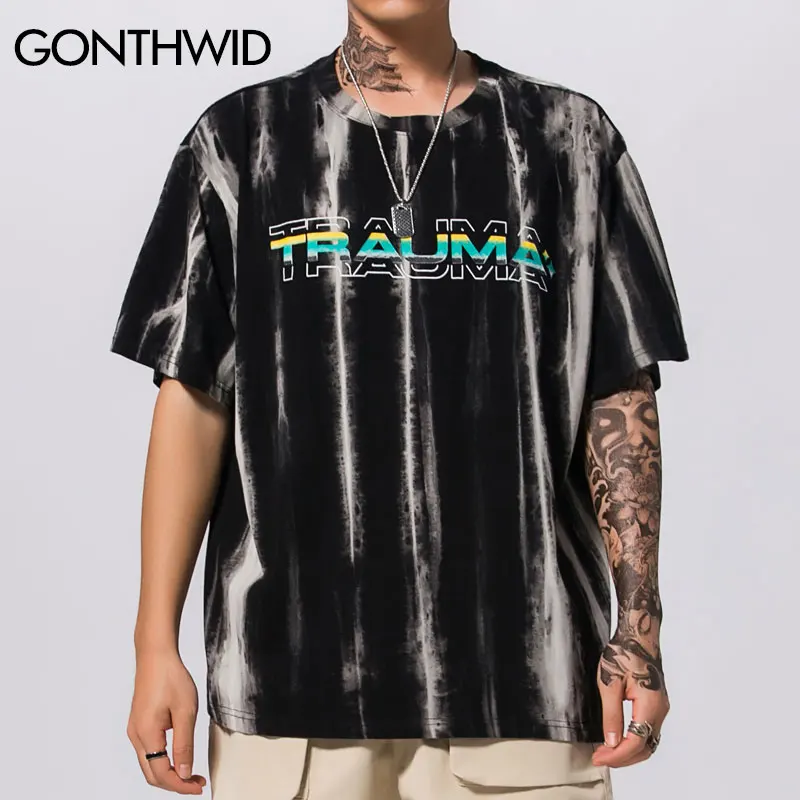 GONTHWID вертикальные полосы принт Tie Dye короткий рукав футболки уличная одежда хип