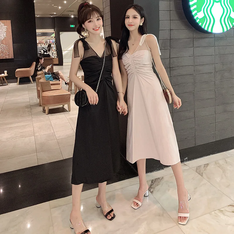

Women's Dress 2019 Summer New Products Korean-style Elegant Gauze Joint Pleated Slimming Mid-length Dress