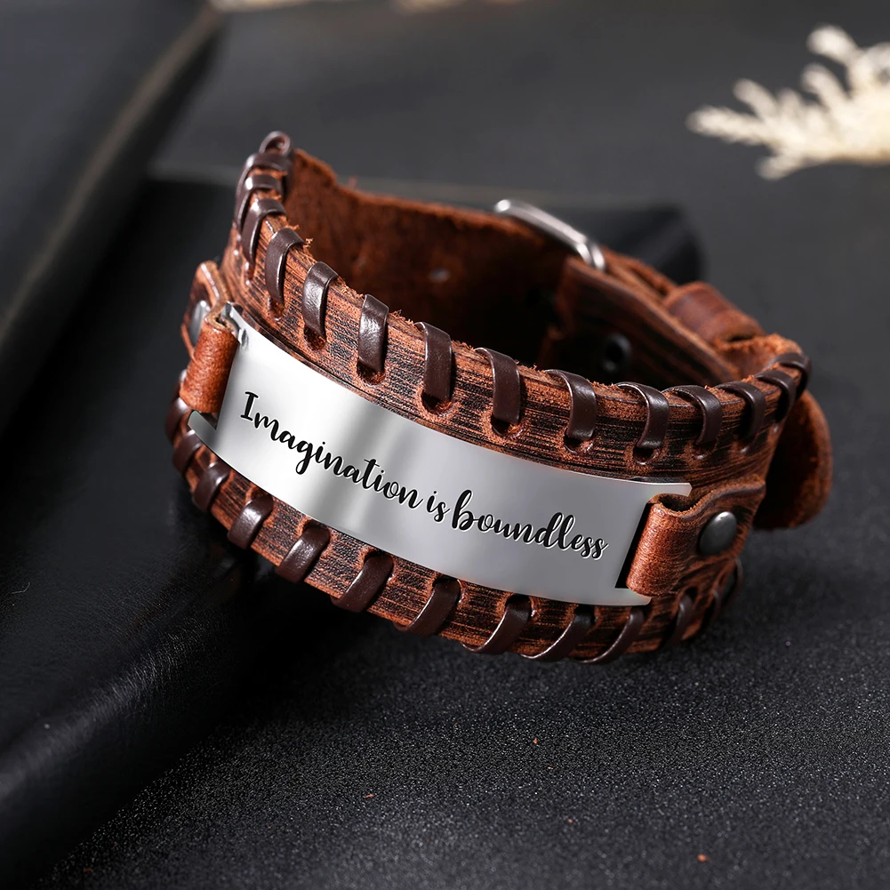 Imagination Brown My Shape Men Punk Jewelry Bracelet Genuine Leather Man Bangle Engraved Imagination is Boundless lOVE PEACE Christ Jewelry - Окраска металла: Imagination Brown