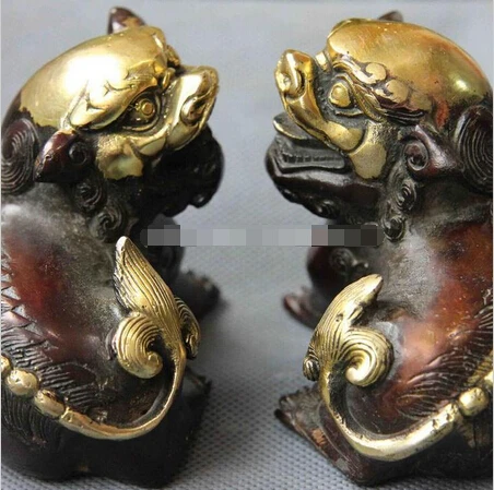 320+++ Китайская народная медная бронзовая позолота Fengshui Evil Foo Dog Лев отважных солдат пара