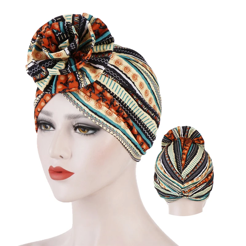 

Adult lady turban cap flowers trendy print cotton Inner hijabs muslim headdress Indian wrap head bonnet hijab underscarf caps