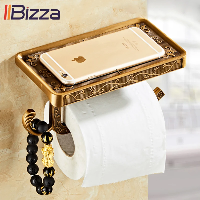 

Antique Toilet Paper Holder With Shelf Bathroom Tissue Paper Holders Creative Gold WC Roll Paper Towel Holder Phone Wall Mounted