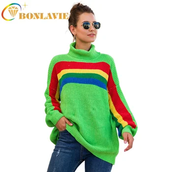 

2019 New Rainbow Color Stripe Pattern Matching Long Sleeve O-neck Knitting Sweater In Autumn and Winter Fashion Female Wear