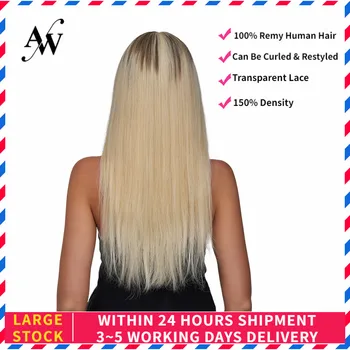 

AW 20'' HD Lace Frontal Wigs Straight Pre Plucked Hairline Remy Human Hair Wig For Women 150% Density Ombre Bleach Blonde