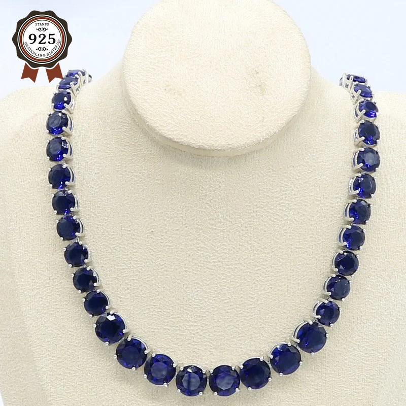 

New Arrival 925 Silver Necklace for Women Round Dark Blue Semi-precious Birthday Bridal Jewelry Free Gift Box 45cm