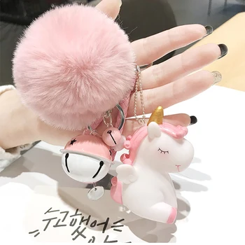 

Cute Plush Pompom Unicorn Keychain for Women Round Ball Pom Pom Faux Rabbit Fur Key Chain Trinket Car Bag Bell Key Ring Gift