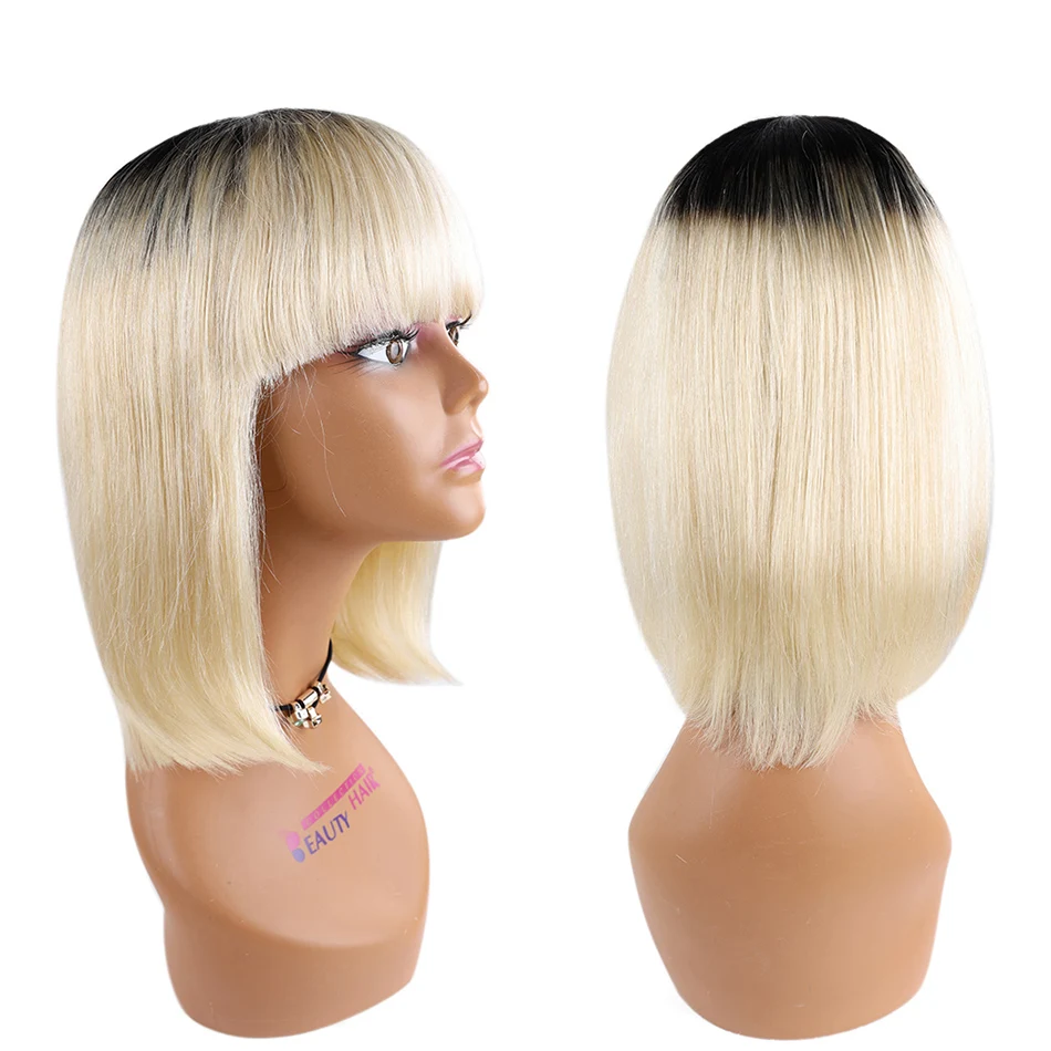 Ombre Straight Bob Wigs with Bangs Remy Brazilian Cute Bob Cut Wig blonde purple color 100% Natural Human Hair Wigs