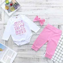 Комплект одежды для девочек, костюм Auntie с длинными рукавами, Белый боди, розовые леггинсы, штаны, повязка на голову для малышей, комплект из 3 предметов, Прямая поставка