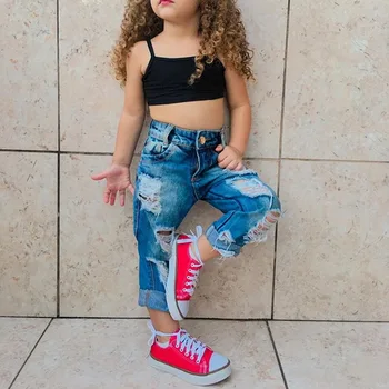 

Two Piece Set Toddler Kids Baby Girls Casual Clothes Sleeveless Tops+ Ripped Denim Jeans Trousers Fashion Girl Cute Outfits D30