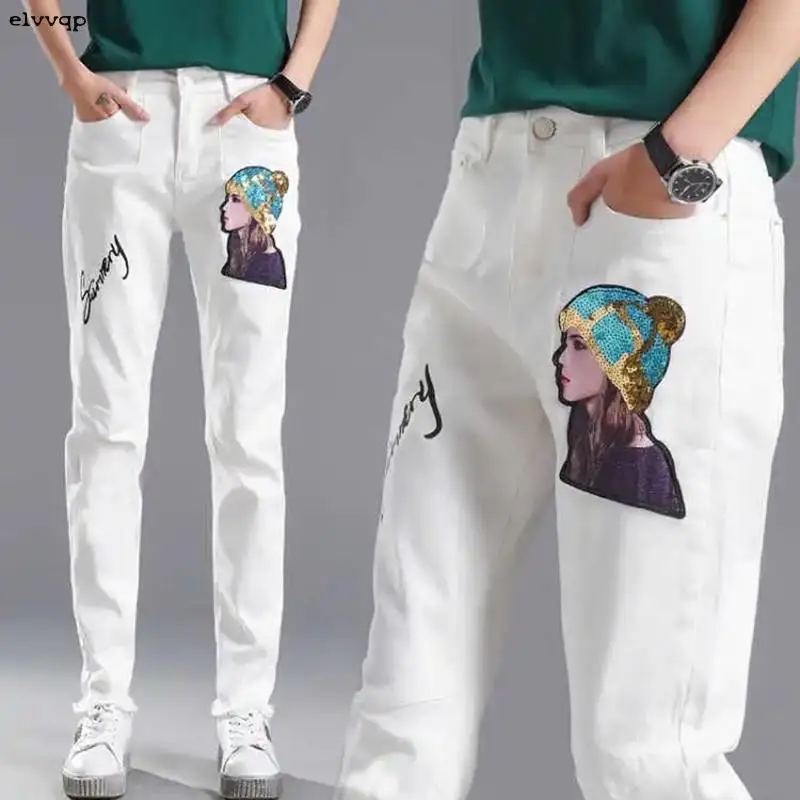 

Spring Women White Denim Jeans Korean Fashion Slim Cartoon Graffiti Print Hole Jeans Pants Capris Cowboy Trousers Summer