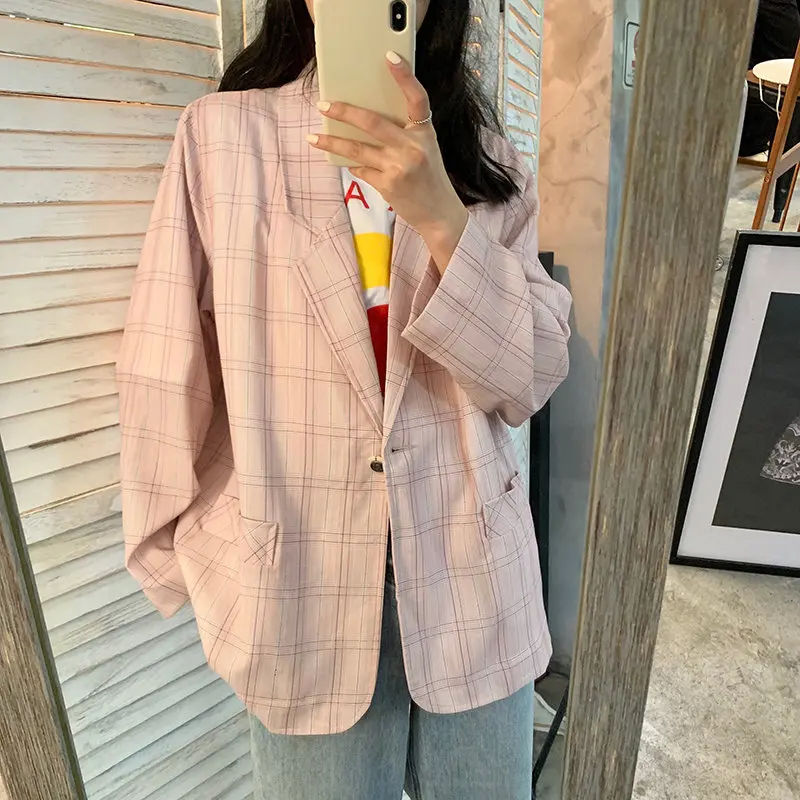 

Alien Kitty Pink Office Ladies Plaid Casual All Match Vintage OL Streetwear Stylish Women Single-Button Feminine Loose Blazers