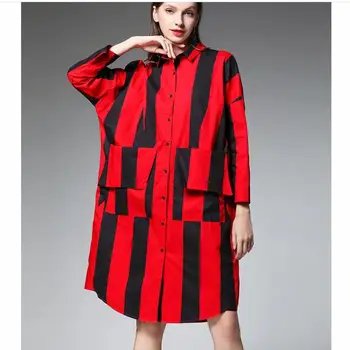 

New Contrast Color Striped Mid Length Plus Size Shirt 2020 Spring New Lapel Single Breasted Stitching Pocket Loose Female Shirt