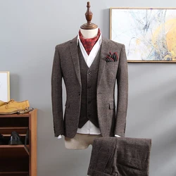 British Style Suit Men 3 Piece Suit Plaid Blazer Trend Groom Wedding Suits Tuxedo Business Formal Dress Suit Men's Smoking