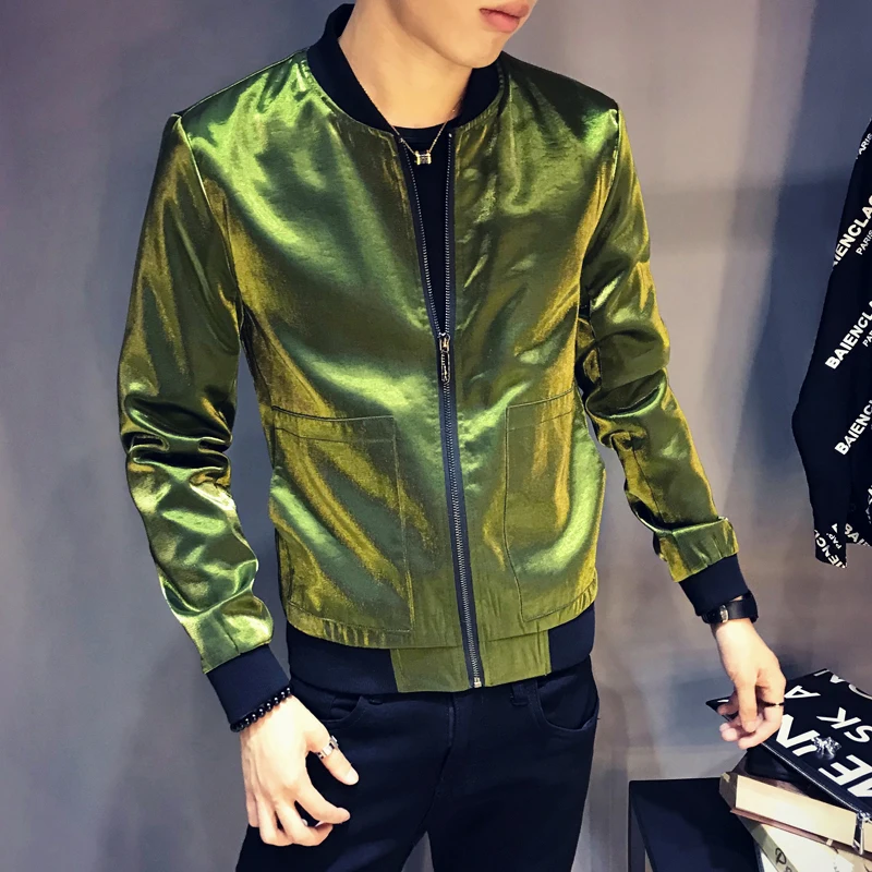 Модный DJ клубный наряд Бомбер HommeShinny черный синий серебристый зеленый пиджак
