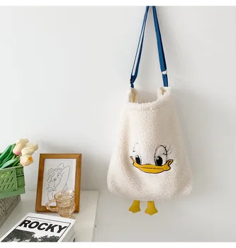 

1pc Winter Lamb Wool Eco Shopping Tote Shoulder Cross Body Bag Embroidered Duck CY6464
