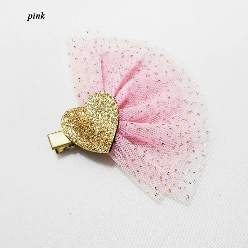 pink Мода ручной работы Тюль цветок заколка для волос с бантом дети блеск сердце золотые аллигаторные Заколки аксессуары для волос для девочек - Цвет: pink