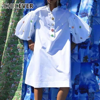 

CHICEVER Patchwork Flower Dress Female Stand Collar puff Sleeve Oversize Loose Dresses Women Fashion 2020 Spring New Clothes
