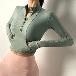 2024 Nylon Long Sleeve Crop Top Yoga Shirts Sport Gym Workout Pocket Quick Dry Jacket Outfit Wear